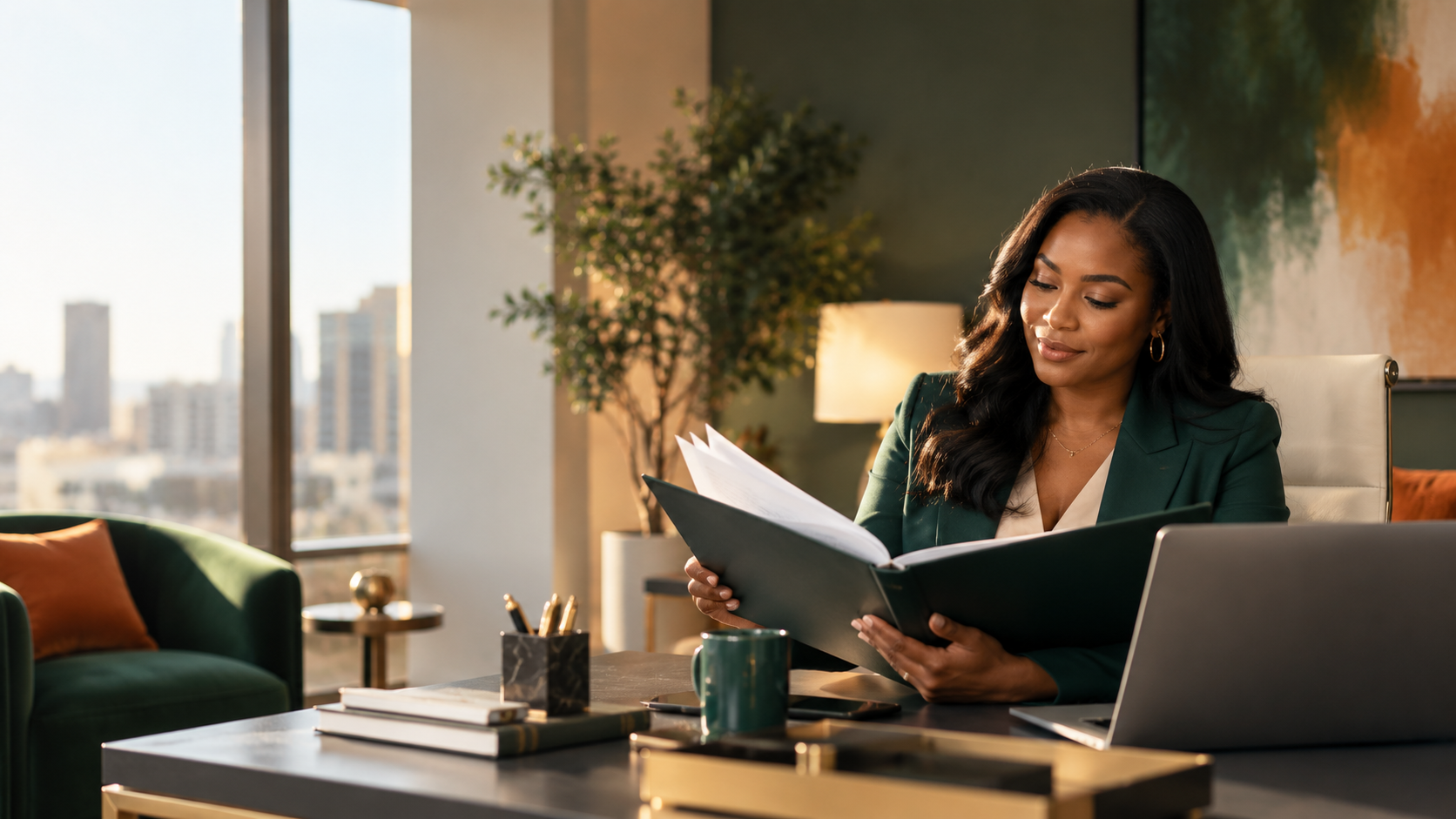 A professional reviewing career documents in a modern office
