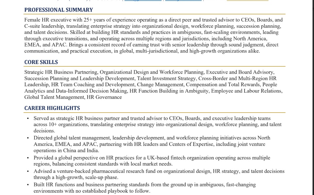 Executive Résumé — Highlights sample
