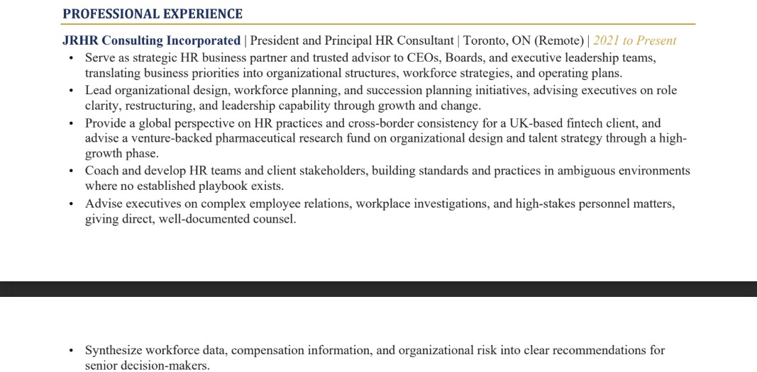 Executive Résumé — Experience sample