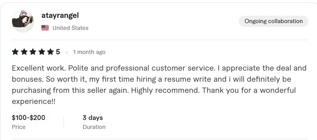 Five-star résumé writing review from a United States client
