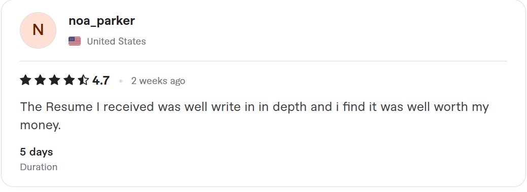 Client review describing the résumé service as good value
