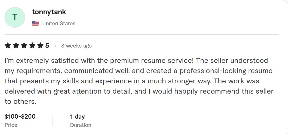 Five-star review for a professional résumé service